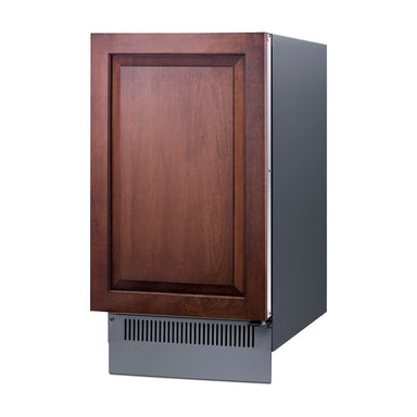 Summit BIM182OSIF 18-inch panel-ready outdoor clear icemaker, shown with wood overlay panel, angled view