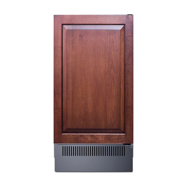 Summit BIM182OSIF 18-inch panel-ready outdoor clear icemaker, panel-ready door shown with wood overlay panel, front view