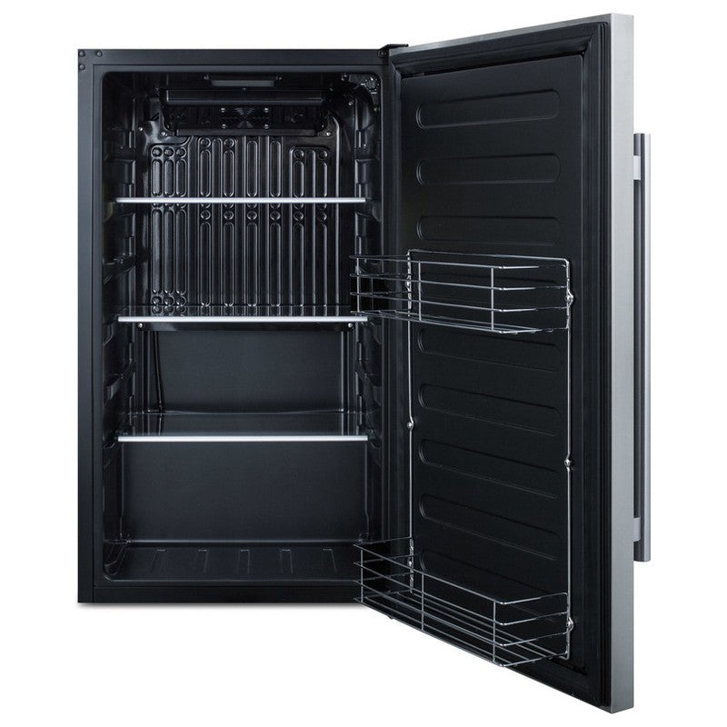 Summit SPR196OSCSS 19-inch outdoor all-stainless all-refrigerator, door open showing empty interior
