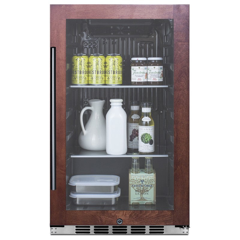 Summit SPR488BOSCSSPNR 19-inch outdoor all-stainless panel-ready beverage cooler, glass door showing stocked beverages
