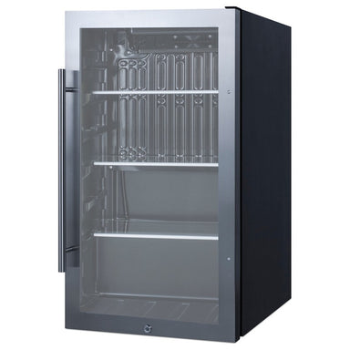 Summit SPR488BOSH34 19-inch shallow-depth outdoor glass-door beverage cooler, angled view