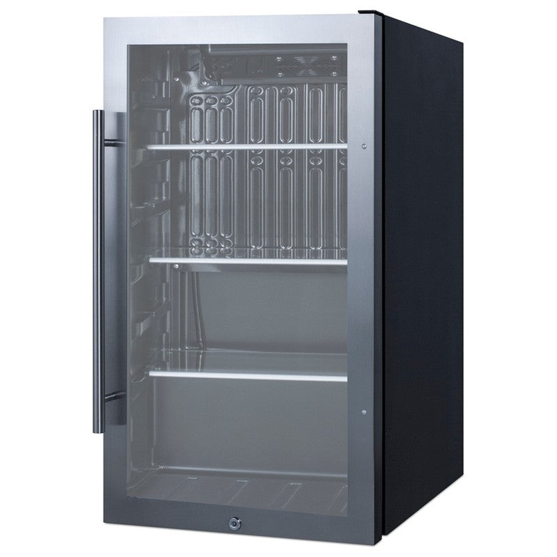 Summit SPR488BOSH34 19-inch shallow-depth outdoor glass-door beverage cooler, angled view