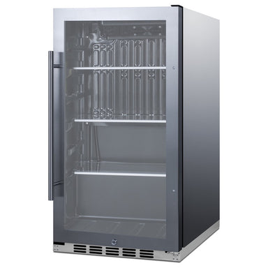 Summit SPR488BOSH34CSS 19-inch shallow-depth outdoor all-stainless glass-door beverage cooler, angled view