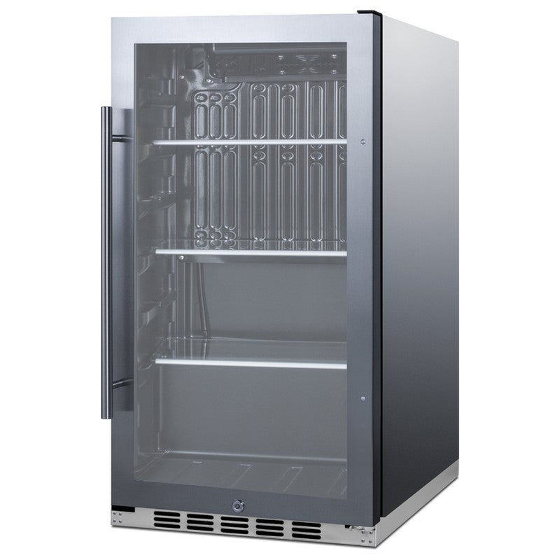 Summit SPR488BOSH34CSS 19-inch shallow-depth outdoor all-stainless glass-door beverage cooler, angled view