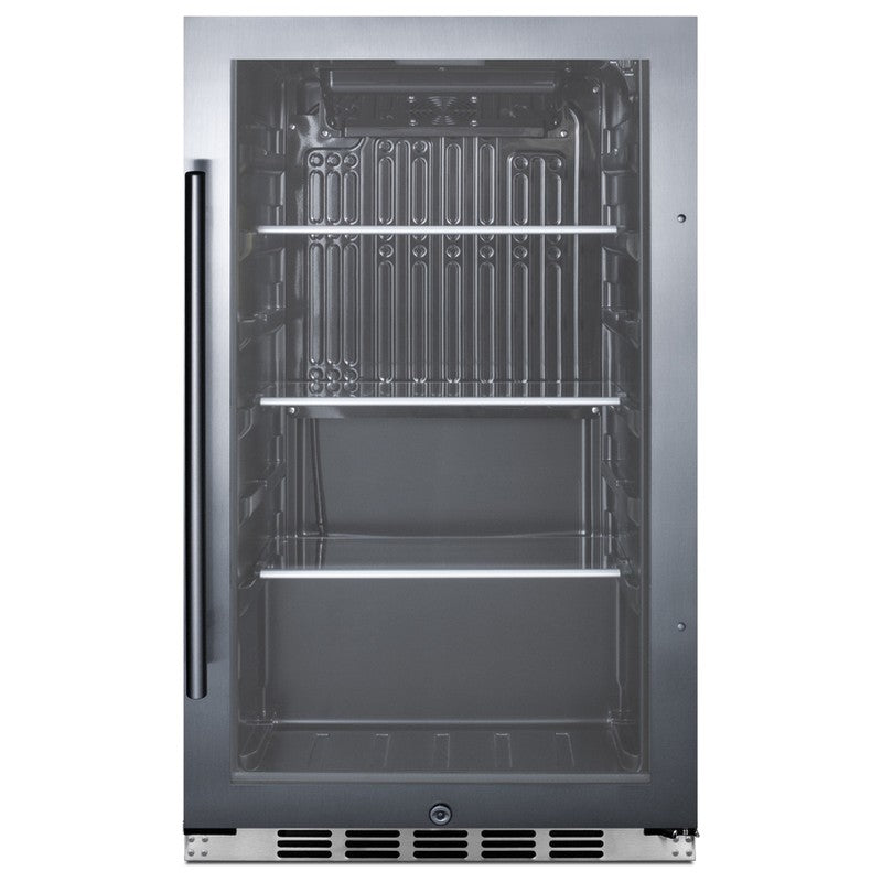 Summit SPR488BOSH34CSS 19-inch shallow-depth outdoor all-stainless glass-door beverage cooler, black glass door, stainless cabinet, front view