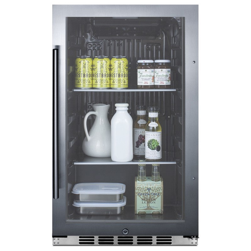 Summit SPR488BOSH34CSS 19-inch shallow-depth outdoor all-stainless glass-door beverage cooler, stocked beverages, angled view