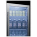 Summit SPR489OSADA 19-inch shallow-depth outdoor ADA glass-door beverage cooler, stocked cans and bottles closeup