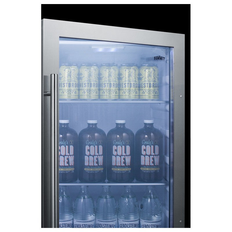 Summit SPR489OSADA 19-inch shallow-depth outdoor ADA glass-door beverage cooler, stocked cans and bottles closeup
