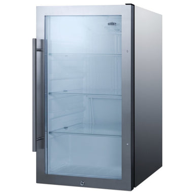 Summit SPR489OSCSS 19-inch shallow-depth outdoor all-stainless glass-door beverage cooler, angled view