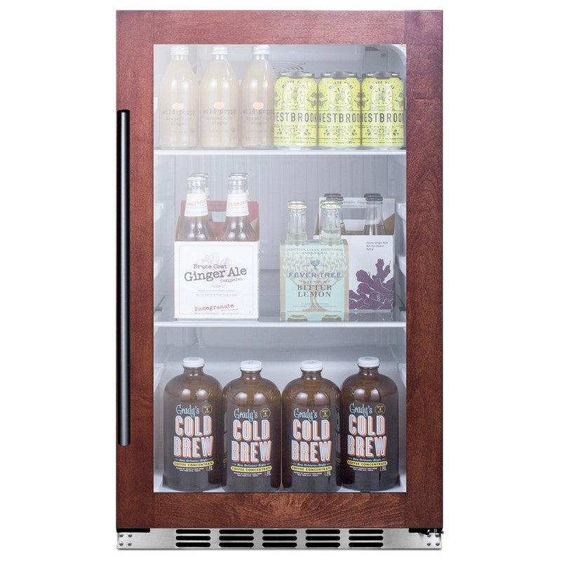 Summit SPR489OSCSSPNR 19-inch outdoor all-stainless panel-ready beverage cooler, glass door showing stocked beverages