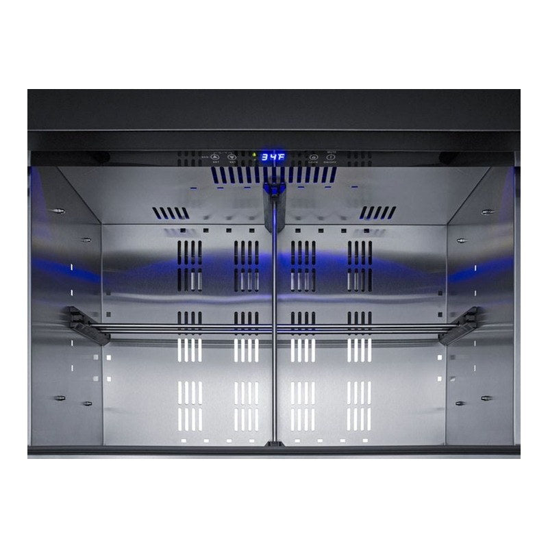 Interior of the Summit SPR275OS2DADA with blue LED lighting and removable dividers