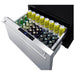 Summit FF1DSS drawer refrigerator shown open loaded with canned and bottled beverages