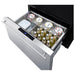 Summit FF1DSS drawer refrigerator shown open loaded with fresh food and bottles