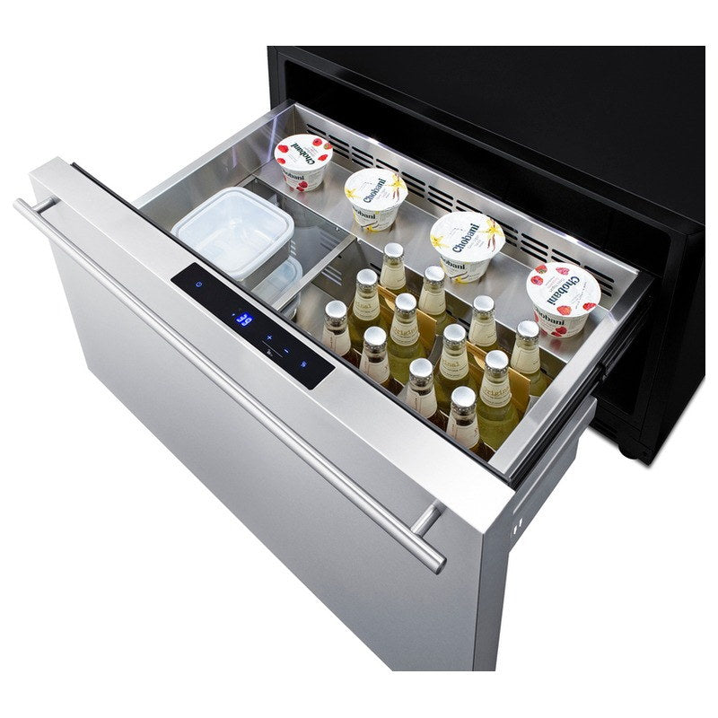 Summit FF1DSS drawer refrigerator shown open loaded with fresh food and bottles