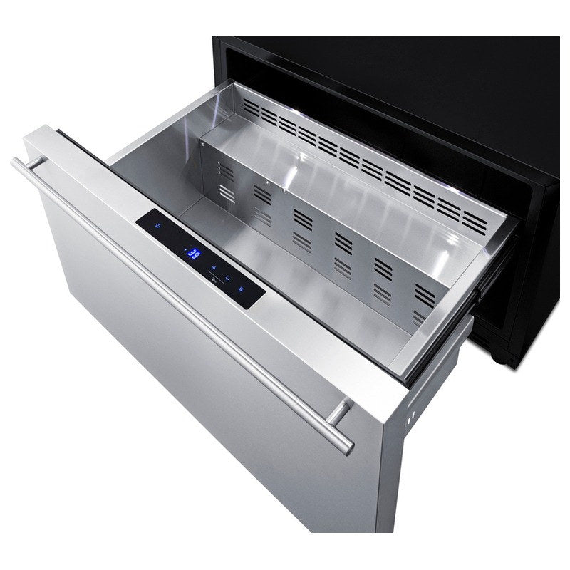 Open drawer interior with divider rails and digital display on the Summit FF1DSS