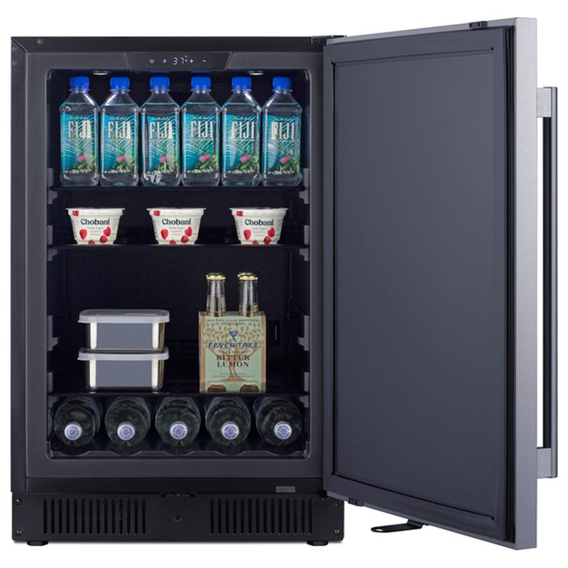 Summit SPR621OS 21-inch outdoor ADA all-refrigerator, door open, stocked with food and drinks