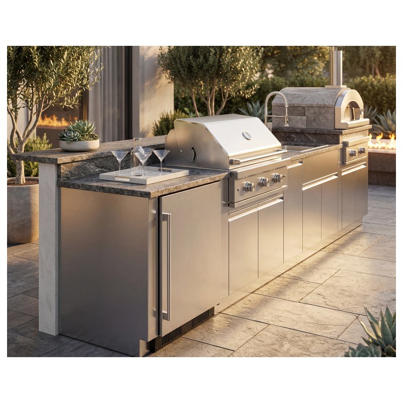 Summit SPR621OS 21-inch outdoor ADA all-refrigerator, installed in outdoor kitchen beside grill, lifestyle