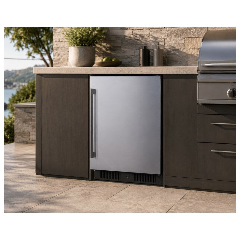 Summit SPR621OS 21-inch outdoor ADA all-refrigerator, installed in outdoor kitchen island, lifestyle