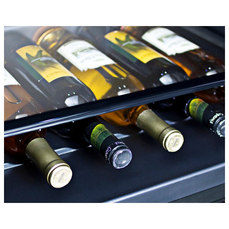 Summit SPR621OS 21-inch outdoor ADA all-refrigerator, wine bottles on shelf closeup