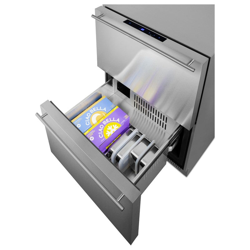 Summit ADFD243CSS 24-inch ada all stainless 2 drawer all freezer, bottom drawer open, stocked with frozen food