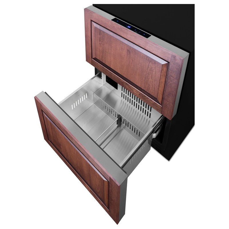 Summit ADFD243PNR 24-inch ada panel ready 2 drawer all freezer, bottom drawer open showing interior