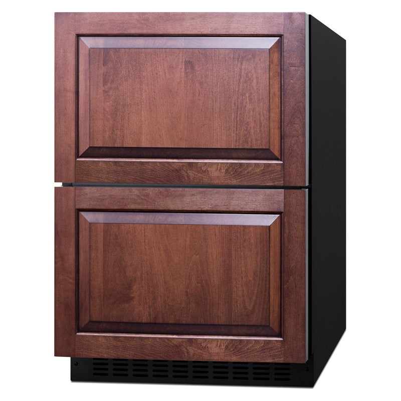 Summit ADFD243PNR 24-inch ada panel ready 2 drawer all freezer, shown with overlay panels, angled view