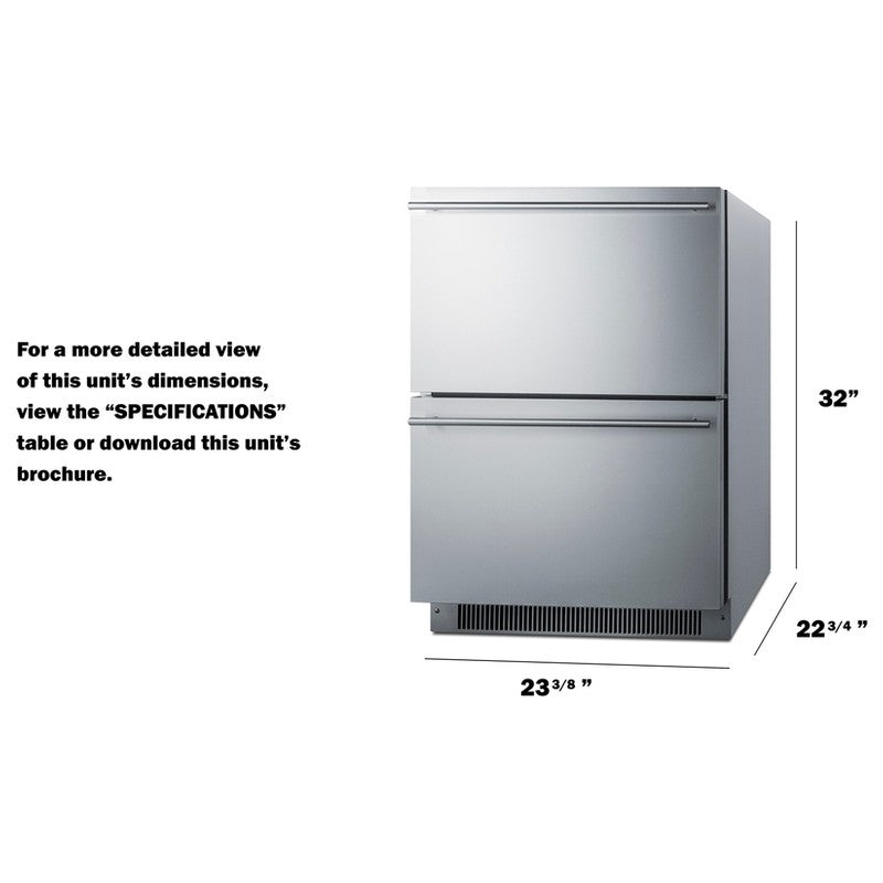 Summit ADFD2D24 24-inch energy star ada stainless 2 drawer all freezer, dimensions diagram