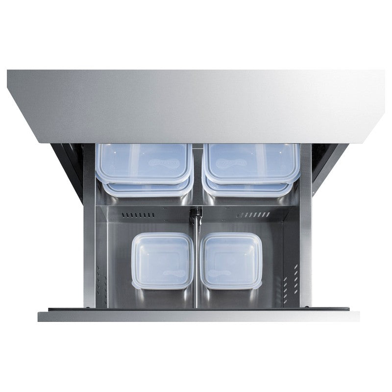 Summit ADFD2D24PNR 24-inch energy star ada panel ready 2 drawer all freezer, bottom drawer open showing bins