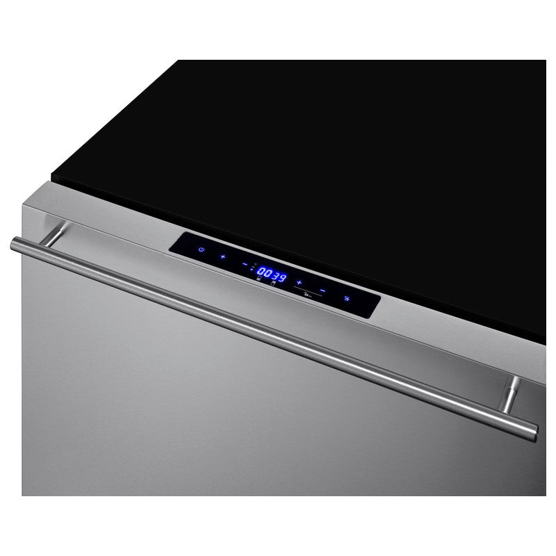 Summit ADRF244OS 24-inch outdoor ADA 2-drawer refrigerator-freezer, digital temperature display and handle closeup