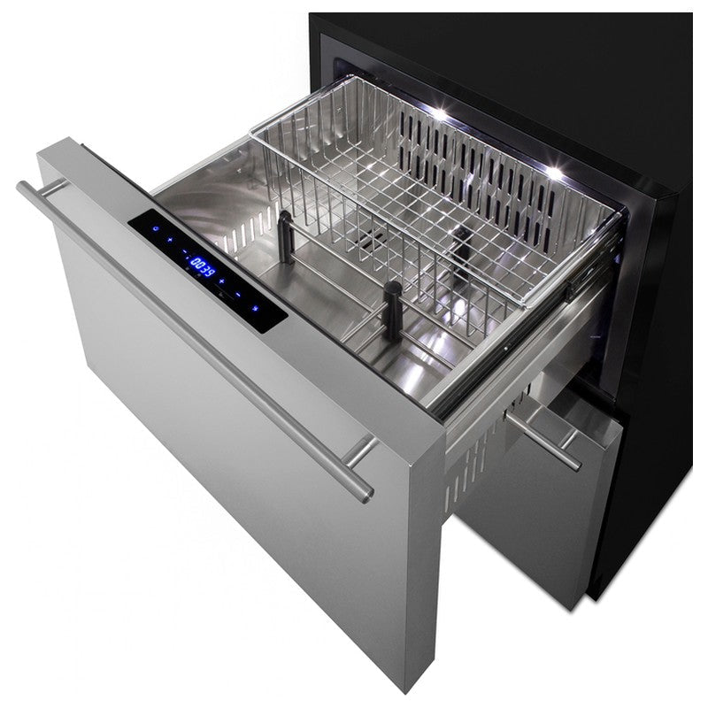 Summit ADRF244OS 24-inch outdoor ADA 2-drawer refrigerator-freezer, refrigerator drawer open showing stainless interior