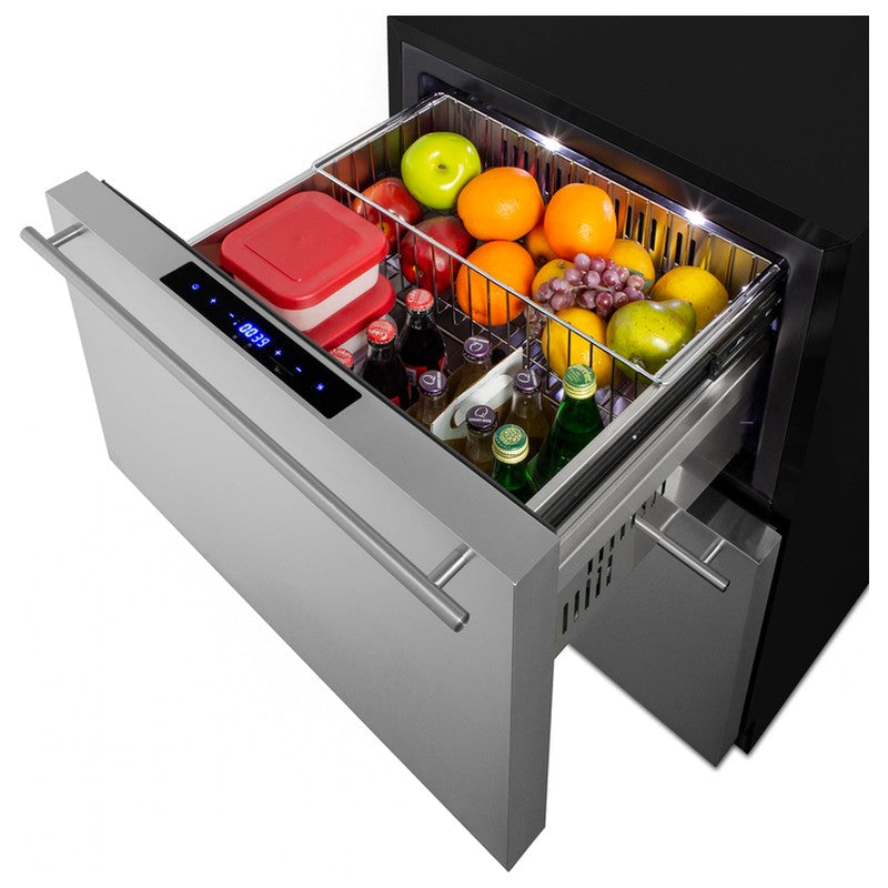 Summit ADRF244OS 24-inch outdoor ADA 2-drawer refrigerator-freezer, refrigerator drawer stocked with fresh produce