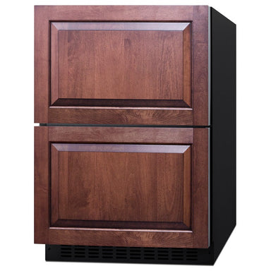 Summit ADRF244PNR 24-inch ADA panel-ready 2-drawer refrigerator-freezer, custom wood panels, angled view