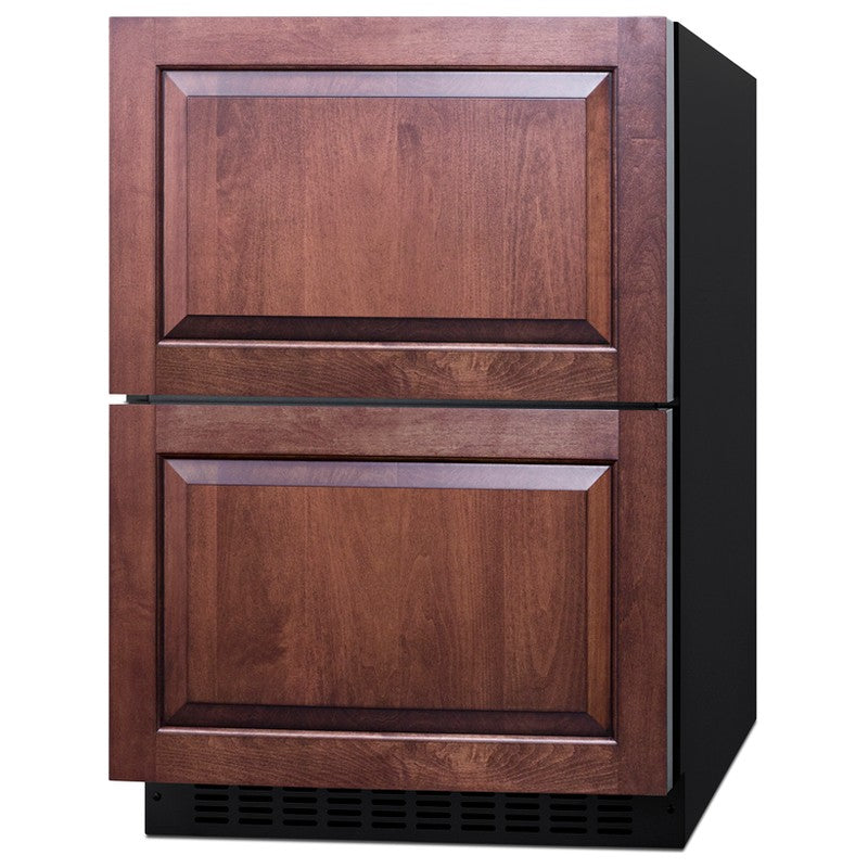 Summit ADRF244PNR 24-inch ADA panel-ready 2-drawer refrigerator-freezer, custom wood panels, angled view