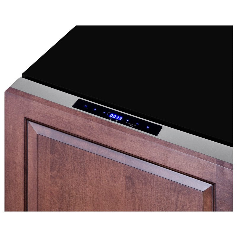 Summit ADRF244PNR 24-inch ADA panel-ready 2-drawer refrigerator-freezer, digital display on wood-paneled drawer closeup