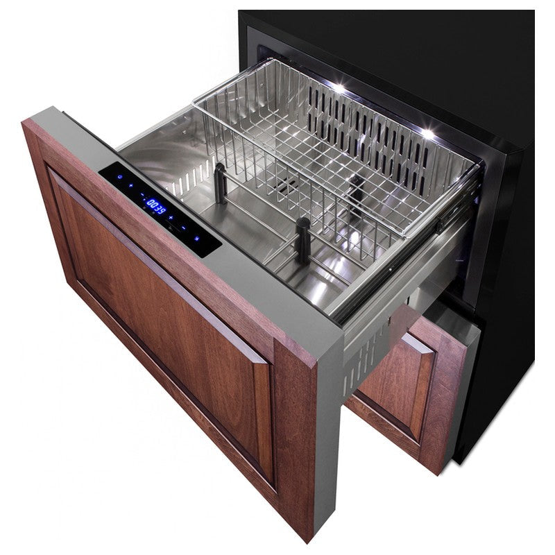 Summit ADRF244PNR 24-inch ADA panel-ready 2-drawer refrigerator-freezer, refrigerator drawer open showing stainless interior