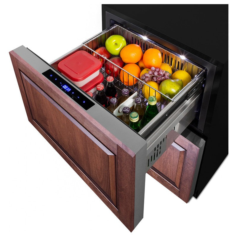 Summit ADRF244PNR 24-inch ADA panel-ready 2-drawer refrigerator-freezer, refrigerator drawer stocked with fresh produce