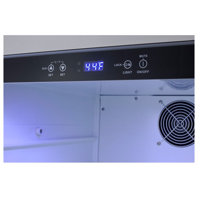 Summit AL55OSCSS 24-inch outdoor ADA all-refrigerator, interior digital control panel and LED light closeup