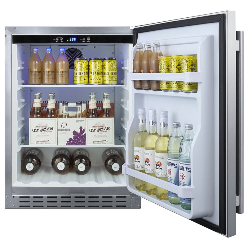 Summit AL55OSCSS 24-inch outdoor ADA all-refrigerator, door open, stocked, angled view