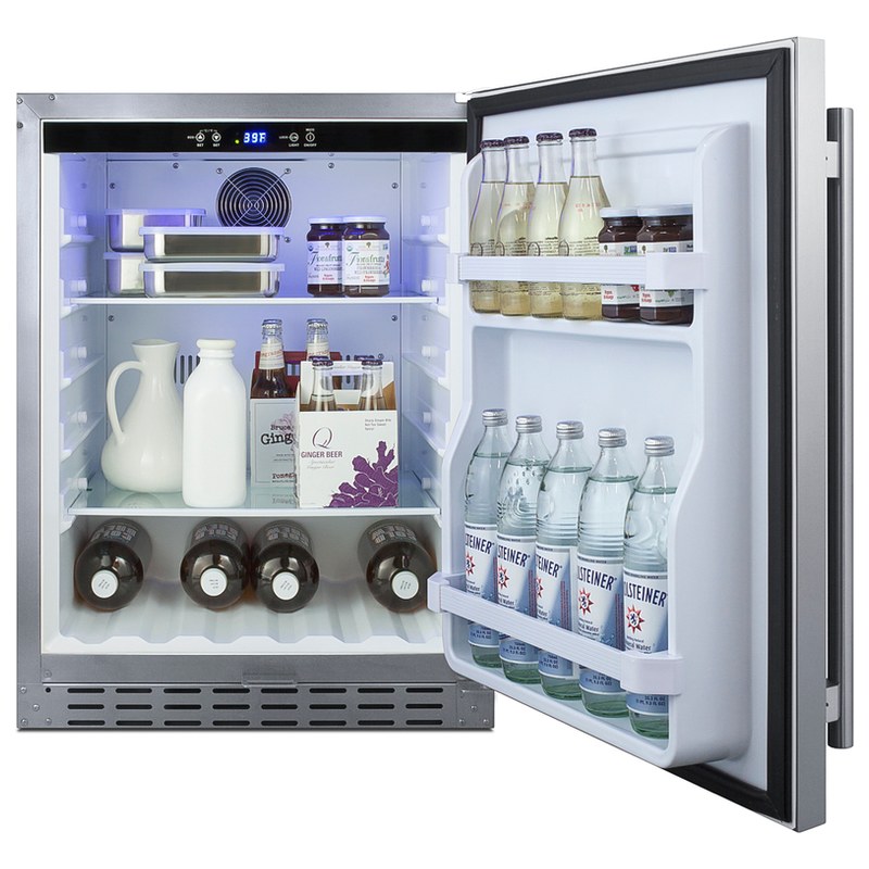 Summit AL55OSCSS 24-inch outdoor ADA all-refrigerator, door open, stocked with food and drinks