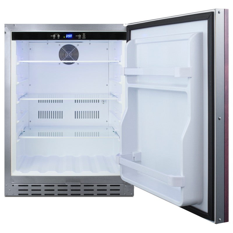 Summit AL55OSCSSIF 24-inch outdoor ADA panel-ready all-refrigerator, door open showing empty white interior and door shelves