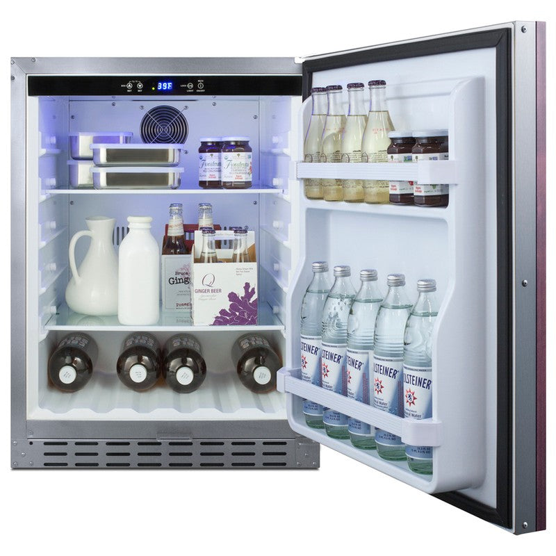 Summit AL55OSCSSIF 24-inch outdoor ADA panel-ready all-refrigerator, door open, stocked with food and drinks
