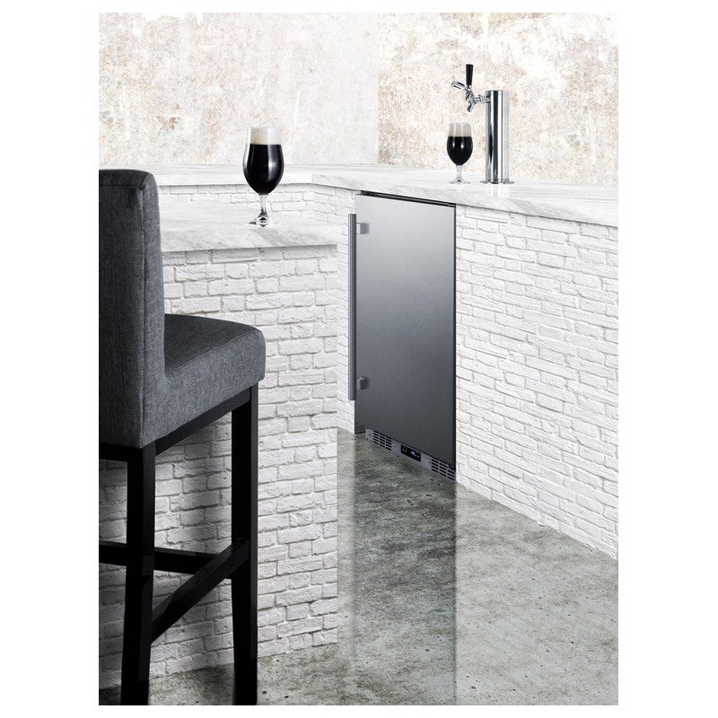 Summit BC74OSCOM 24-inch commercial outdoor single tap kegerator, built into a white brick bar counter, lifestyle view