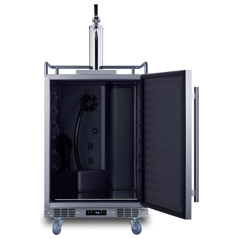 Summit BC74OSCOM 24-inch commercial outdoor single tap kegerator, door open showing empty interior and tap cooling tube