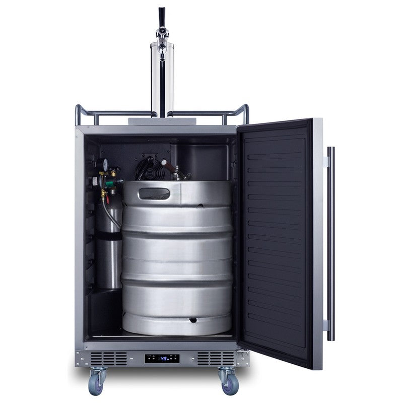 Summit BC74OSCOM 24-inch commercial outdoor single tap kegerator, door open showing a half barrel keg tapped inside