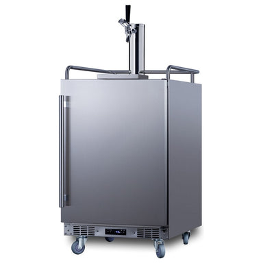 Summit BC74OSCOM 24-inch commercial outdoor single tap kegerator, stainless cabinet with guardrail and casters, angled view