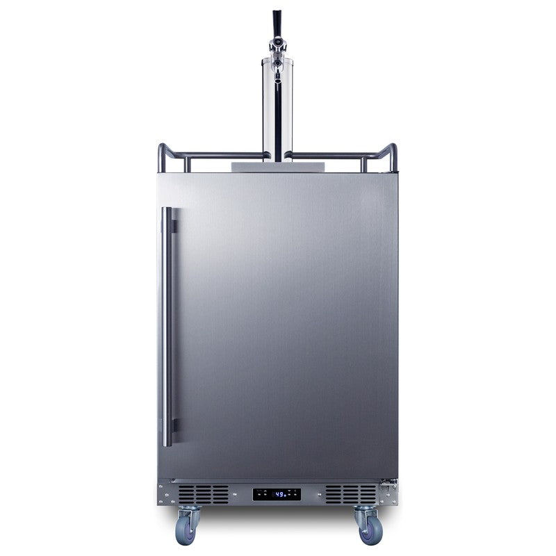 Summit BC74OSCOM 24-inch commercial outdoor single tap kegerator, stainless steel door and cabinet with single tap tower, front view