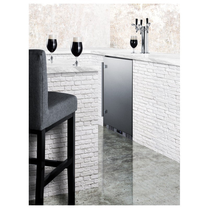 Summit BC74OSCOMTRIPLE 24-inch commercial outdoor triple tap kegerator, built into a white brick bar counter, lifestyle view