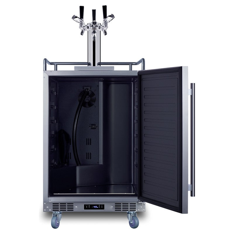 Summit BC74OSCOMTRIPLE 24-inch commercial outdoor triple tap kegerator, door open showing empty interior and tap cooling tube