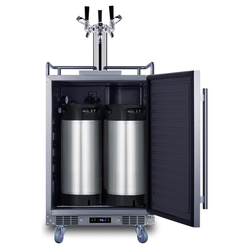 Summit BC74OSCOMTRIPLE 24-inch commercial outdoor triple tap kegerator, door open showing sixtel kegs tapped inside