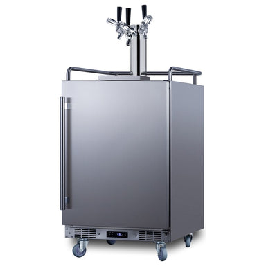 Summit BC74OSCOMTRIPLE 24-inch commercial outdoor triple tap kegerator, stainless cabinet with guardrail and casters, angled view